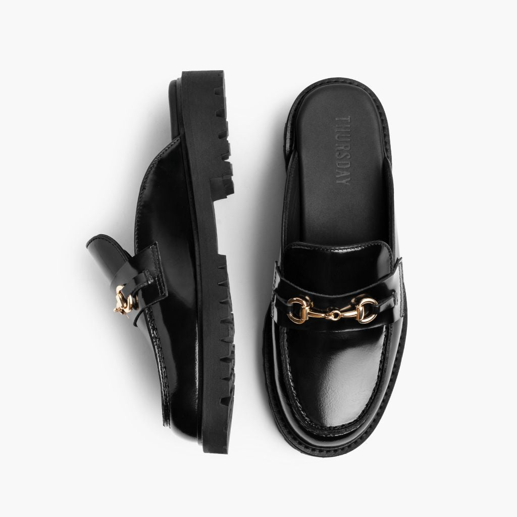 Penny Mule Musta & Gold Nahkaloaferit Naisille - Vahvistettu kantapää ja tarkat kaksoisompeleet