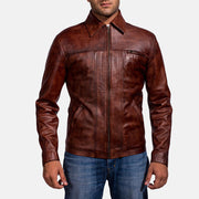 Men's Abstract Maroon Nahkatakki Miehille in Distressed Brown Sheep Skin Burnishing - Front Profile View &amp; Tailored Silhouette | Buy Online