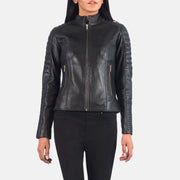 Black Sheepskin Leather Biker Jacket - Back View Showing Tailored Shoulder Fit & Clean Hemline