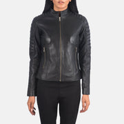 Close-Up Detail of Band & Zipper Hardware on Women's Adalyn Quilted Black Leather Biker Jacket