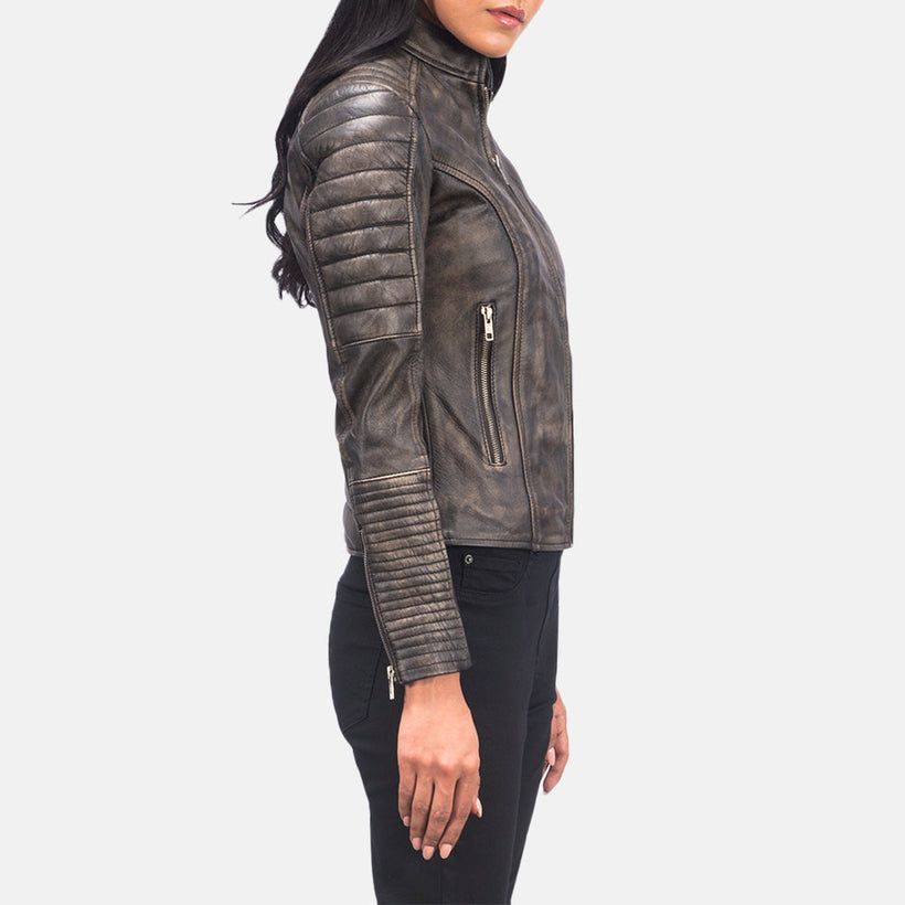 Adalyn Quilted Distressed Ruskea Nahkainen Biker-takki Naisille