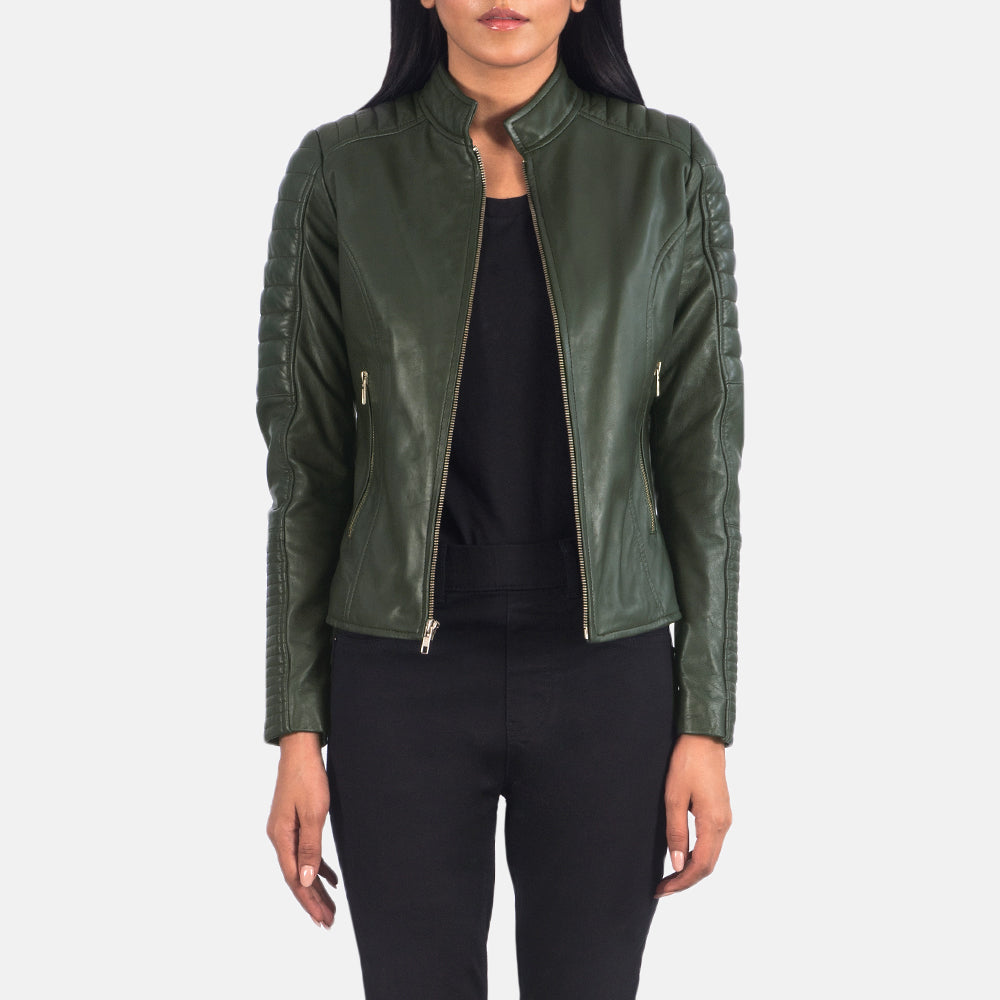 Women's Adalyn Quilted Green Nahkainen Biker-takki Naisille in Green Sheepskin Leather - Front Profile View &amp; Tailored Silhouette | Buy Online