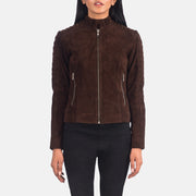 Women's Adalyn Quilted Mocha Suede Nahkainen Biker-takki Naisille in Mocha Brown Goatskin Suede - Front Profile View &amp; Tailored Silhouette | Buy Online