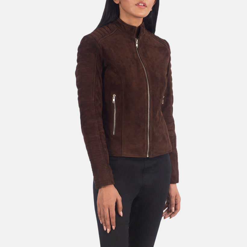 Adalyn Quilted Mocha Suede Nahkainen Biker-takki Naisille