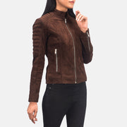Women's Adalyn Quilted Mocha Suede Nahkainen Biker-takki Naisille - Lateral Side Profile View Showing Sleeve Cut &amp; Athletic Taper Fit