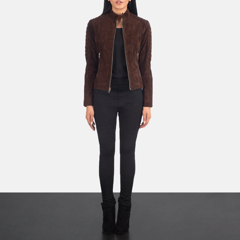 Close-Up Detail of Band &amp; Zipper Hardware on Women's Adalyn Quilted Mocha Suede Nahkainen Biker-takki Naisille