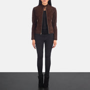 Close-Up Detail of Band &amp; Zipper Hardware on Women's Adalyn Quilted Mocha Suede Nahkainen Biker-takki Naisille