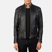 Men's Adornica Musta Nahkainen Biker-takki Miehille in Black Sheepskin Leather - Front Profile View &amp; Tailored Silhouette | Buy Online