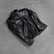 Styled Fit Perspective of Men's Adornica Musta Nahkainen Biker-takki Miehille on Model - Natural Daylight Drape