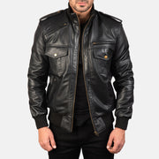 Men's Agent Shadow Musta Nahkainen Pommitakki Miehille in Black Sheepskin Leather - Front Profile View &amp; Tailored Silhouette | Buy Online