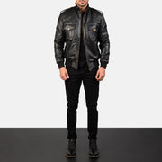 Men's Agent Shadow Musta Nahkainen Pommitakki Miehille - Lateral Side Profile View Showing Sleeve Cut &amp; Athletic Taper Fit