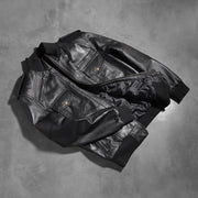 Rib knit &amp; Hem Craftsmanship Construction Detail on Men's Agent Shadow Musta Nahkainen Pommitakki Miehille
