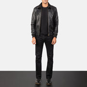 Men's Air Rolf Musta Nahkainen Pommitakki Miehille - Lateral Side Profile View Showing Sleeve Cut &amp; Athletic Taper Fit