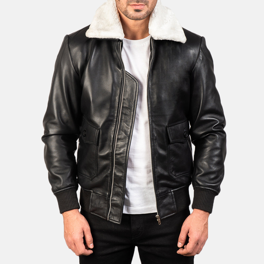 
Airin G-1 Black & White Leather Bomber Jacket in Black Sheepskin Leather - Edestä ja räätälöity siluetti | Osta verkosta