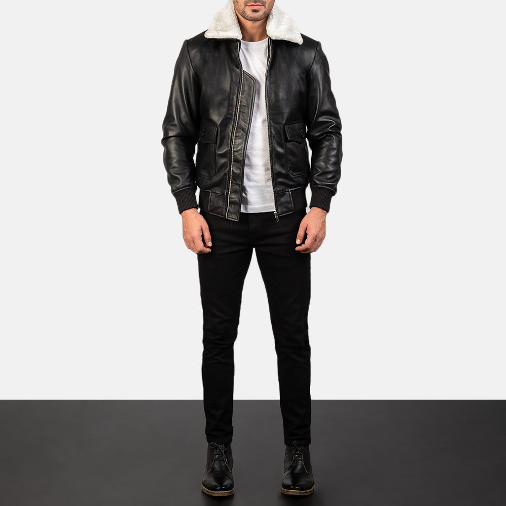 
Airin G-1 Black & White Leather Bomber Jacket - Sivuprofiili ergonomisella hihanleikkauksella