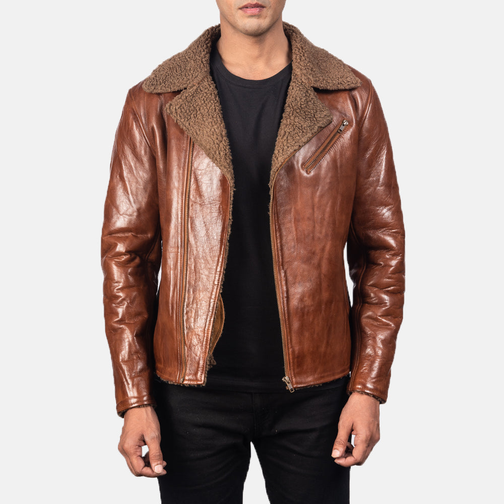 Men's Alberto Shearling Ruskea Nahkatakki Miehille in Brown Sheepskin Leather - Front Profile View &amp; Tailored Silhouette | Buy Online