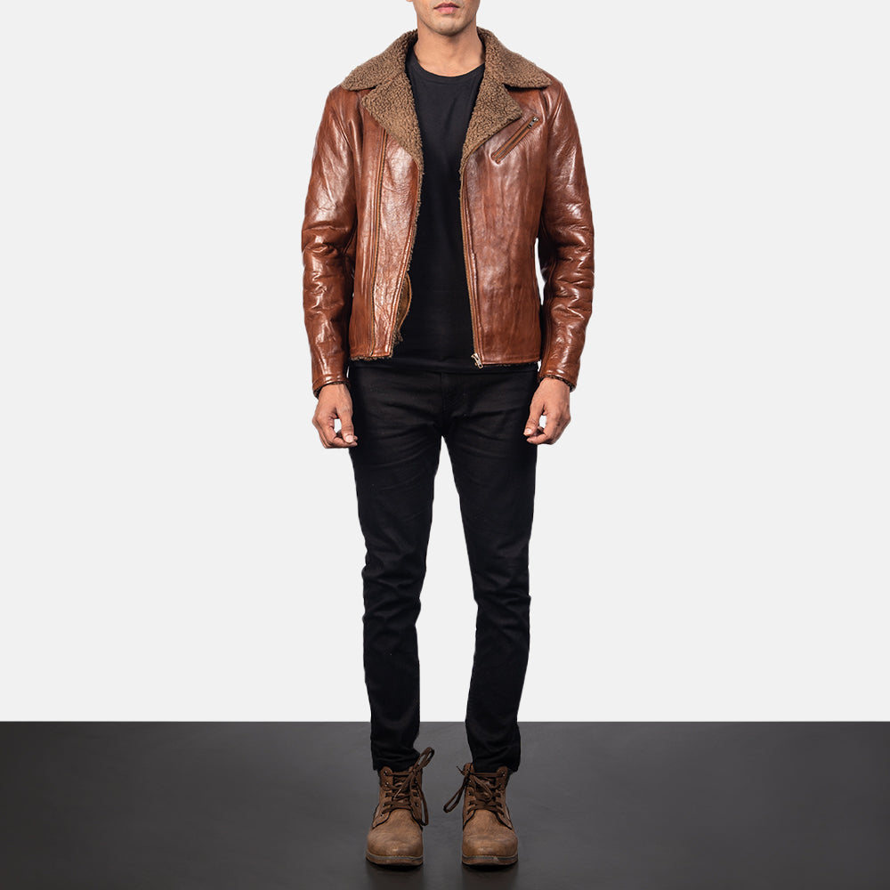 Close-Up Detail of Notch &amp; Zipper Hardware on Men's Alberto Shearling Ruskea Nahkatakki Miehille