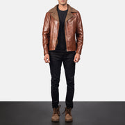 Close-Up Detail of Notch &amp; Zipper Hardware on Men's Alberto Shearling Ruskea Nahkatakki Miehille