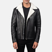 Men's Alberto White Shearling Musta Nahkatakki Miehille in Black Sheepskin Leather - Front Profile View &amp; Tailored Silhouette | Buy Online