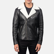 Men's Alberto White Shearling Musta Nahkatakki Miehille - Lateral Side Profile View Showing Sleeve Cut &amp; Athletic Taper Fit