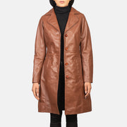 Women's Alexis Ruskea Single Breasted Nahkatakki Pitkä Naisille in Brown Cowhide Leather - Front Profile View &amp; Tailored Silhouette | Buy Online