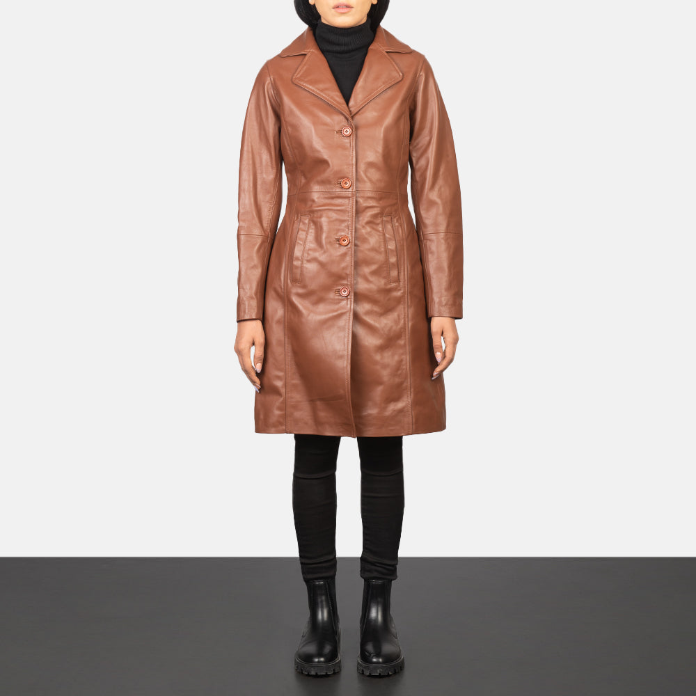 Women's Alexis Ruskea Single Breasted Nahkatakki Pitkä Naisille - Lateral Side Profile View Showing Sleeve Cut &amp; Athletic Taper Fit