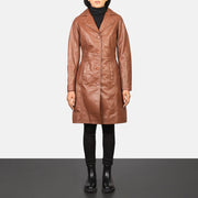 Women's Alexis Ruskea Single Breasted Nahkatakki Pitkä Naisille - Lateral Side Profile View Showing Sleeve Cut &amp; Athletic Taper Fit