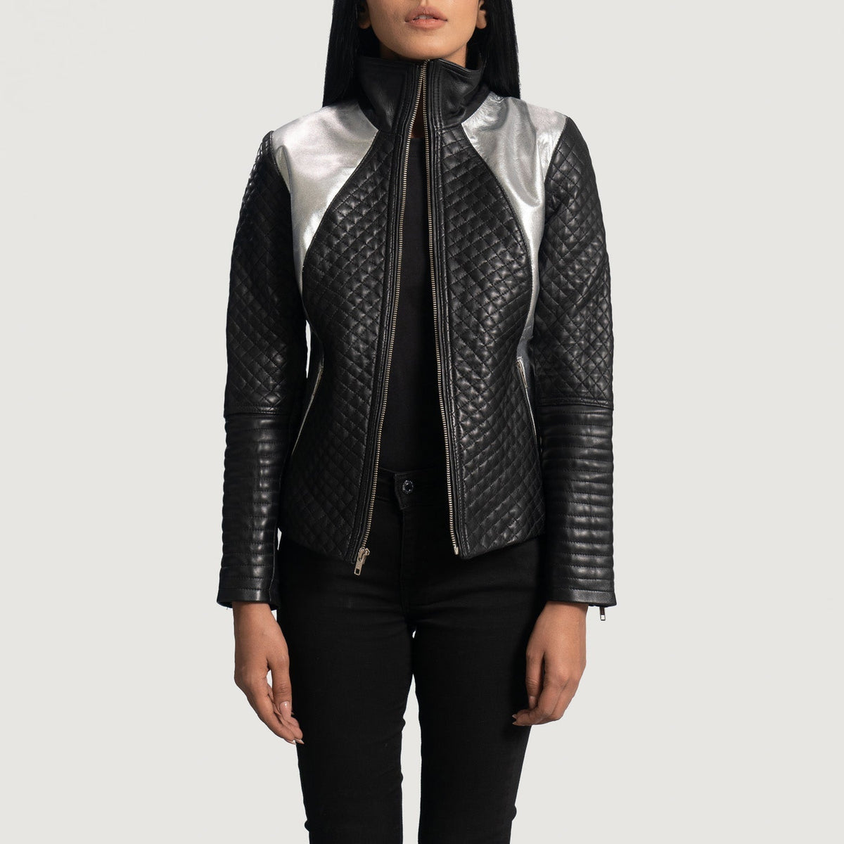 Women's Alia Metallic Musta Nahkainen Biker-takki Naisille in Black Sheepskin Leather - Front Profile View &amp; Tailored Silhouette | Buy Online