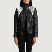 Women's Alia Metallic Musta Nahkainen Biker-takki Naisille in Black Sheepskin Leather - Front Profile View &amp; Tailored Silhouette | Buy Online