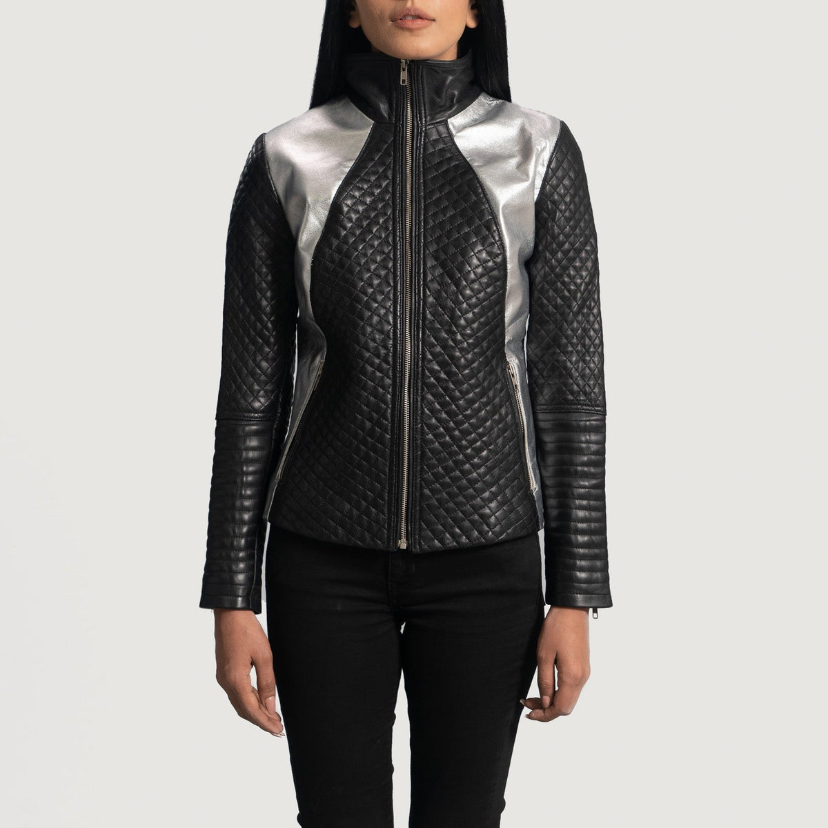 Women's Alia Metallic Musta Nahkainen Biker-takki Naisille - Lateral Side Profile View Showing Sleeve Cut &amp; Athletic Taper Fit
