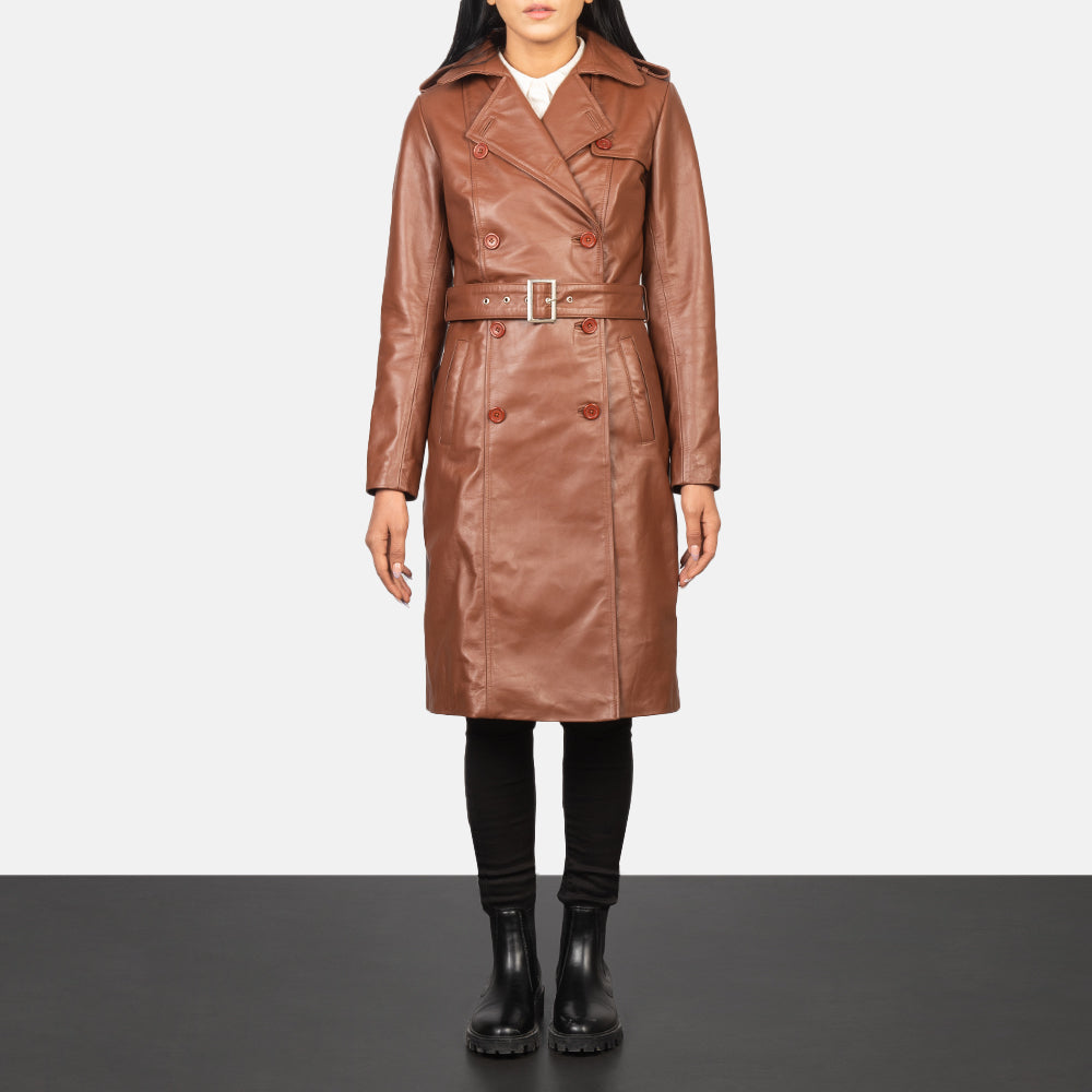 Women's Alice Ruskea Double Breasted Nahkatakki Pitkä Naisille in Black Cowhide Leather - Front Profile View &amp; Tailored Silhouette | Buy Online