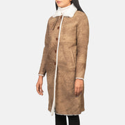 Women's Alina Shearling Ruskea Nahkatakki Pitkä Naisille in Distressed Brown Sheepskin Leather - Front Profile View &amp; Tailored Silhouette | Buy Online