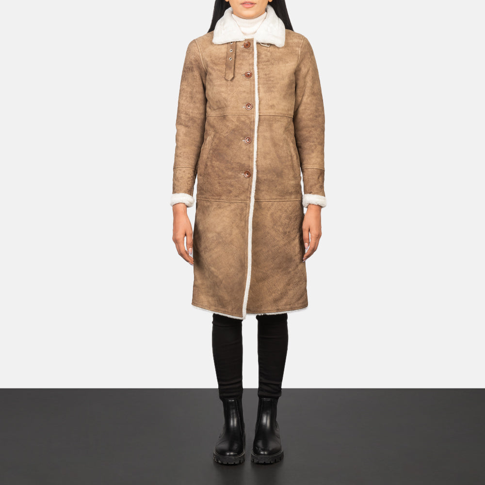 Women's Alina Shearling Ruskea Nahkatakki Pitkä Naisille - Lateral Side Profile View Showing Sleeve Cut &amp; Athletic Taper Fit