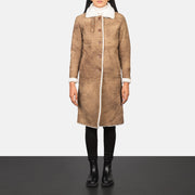 Women's Alina Shearling Ruskea Nahkatakki Pitkä Naisille - Lateral Side Profile View Showing Sleeve Cut &amp; Athletic Taper Fit