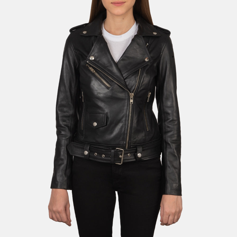 Women's Alison Musta Nahkainen Biker-takki Naisille in Black Cowhide Leather - Front Profile View &amp; Tailored Silhouette | Buy Online