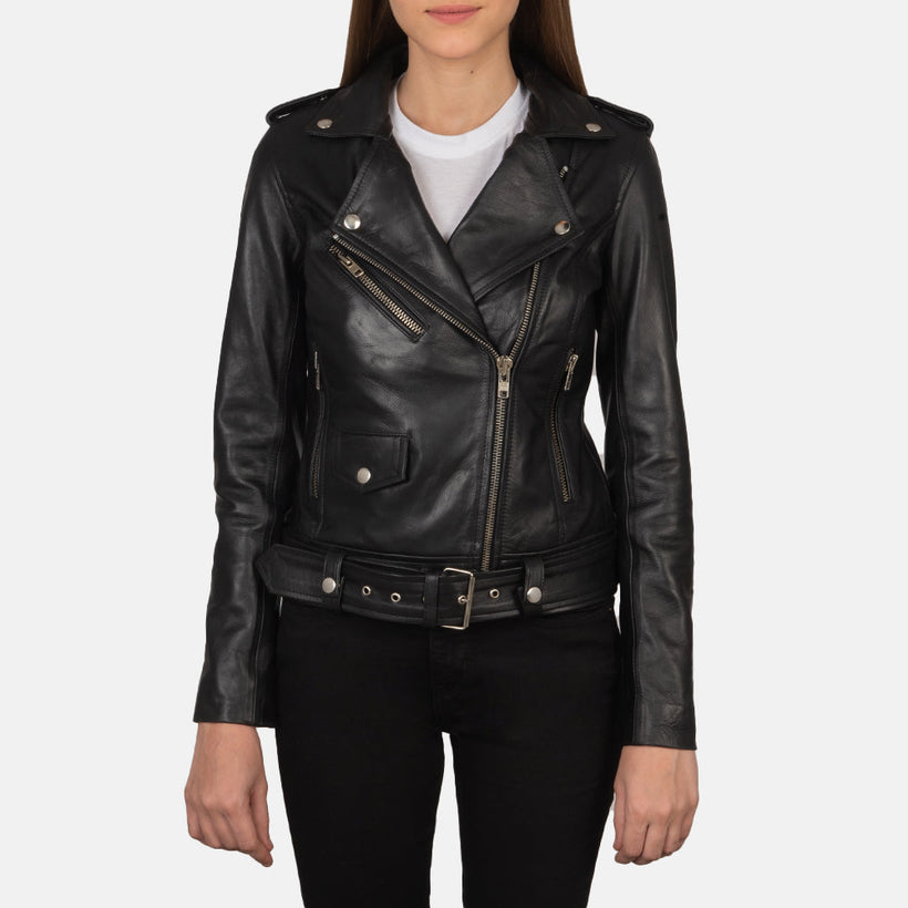 Alison Musta Nahkainen Biker-takki Naisille