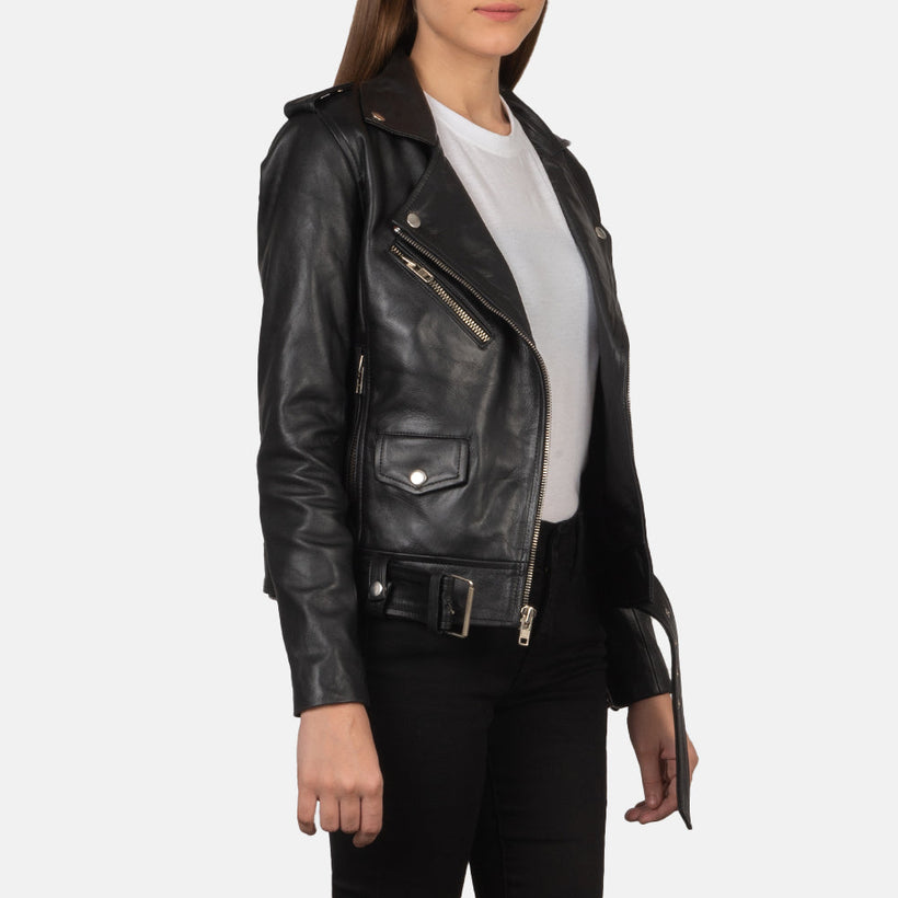 Alison Musta Nahkainen Biker-takki Naisille