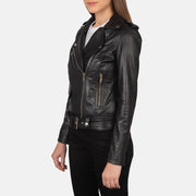 Close-Up Detail of Notch &amp; Zipper Hardware on Women's Alison Musta Nahkainen Biker-takki Naisille