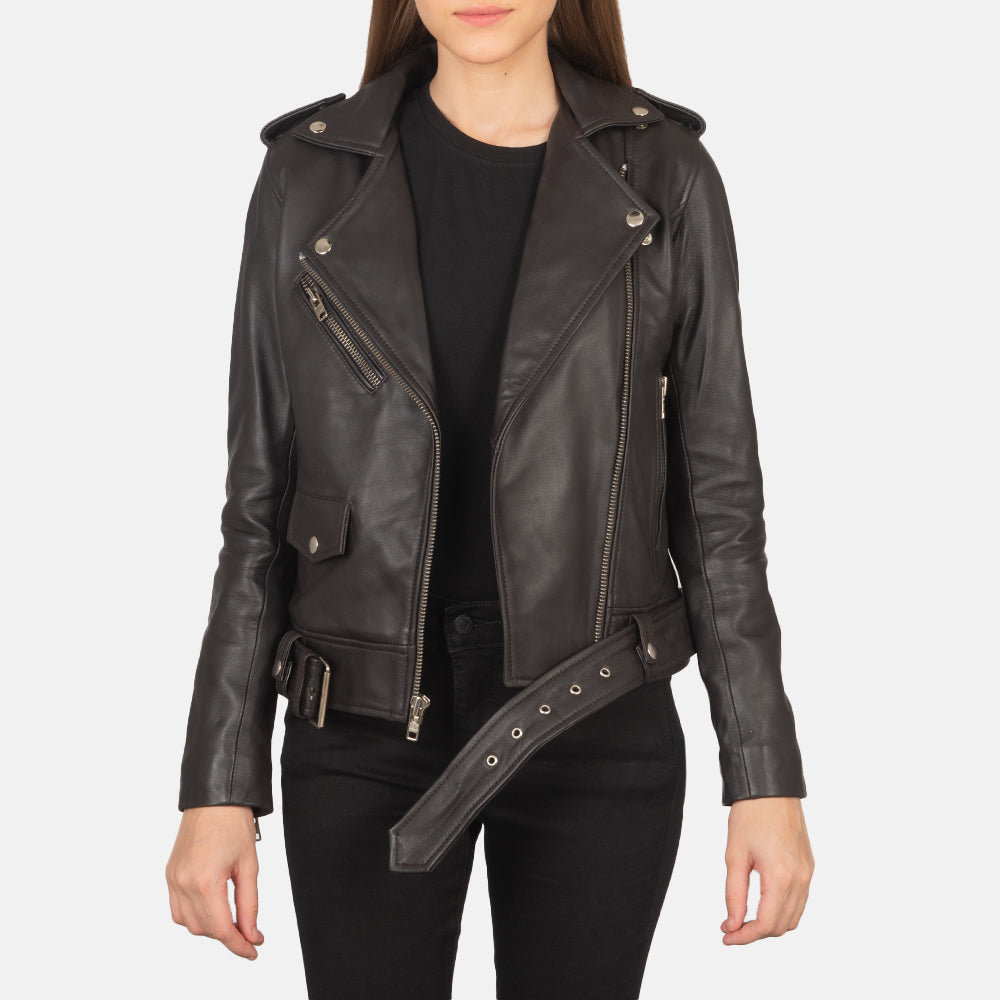 Women's Alison Brown Leather Biker Jacket in Brown Sheepskin Leather - Front Profile View & Tailored Silhouette | Buy Online