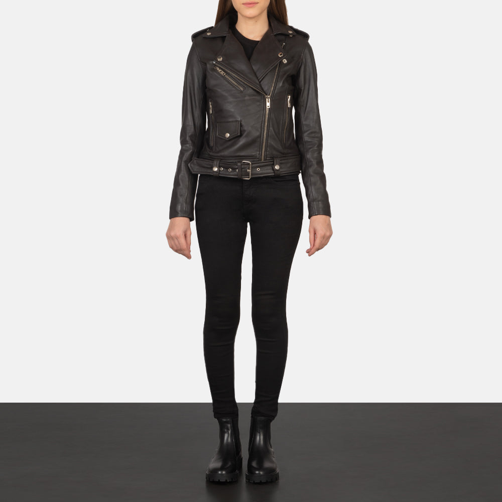 Women's Alison Ruskea Nahkainen Biker-takki Naisille - Lateral Side Profile View Showing Sleeve Cut &amp; Athletic Taper Fit