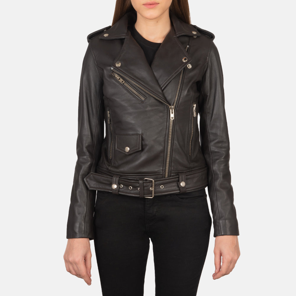 Close-Up Detail of Notch &amp; Zipper Hardware on Women's Alison Ruskea Nahkainen Biker-takki Naisille