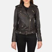 Close-Up Detail of Notch &amp; Zipper Hardware on Women's Alison Ruskea Nahkainen Biker-takki Naisille