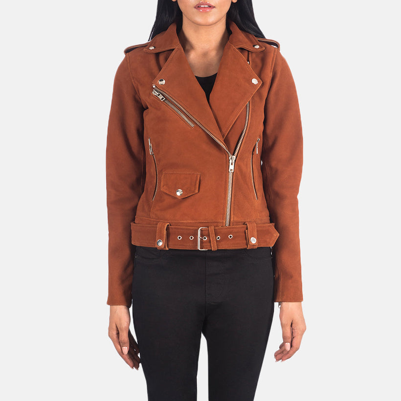 Alison Ruskea Suede Nahkainen Biker-takki Naisille