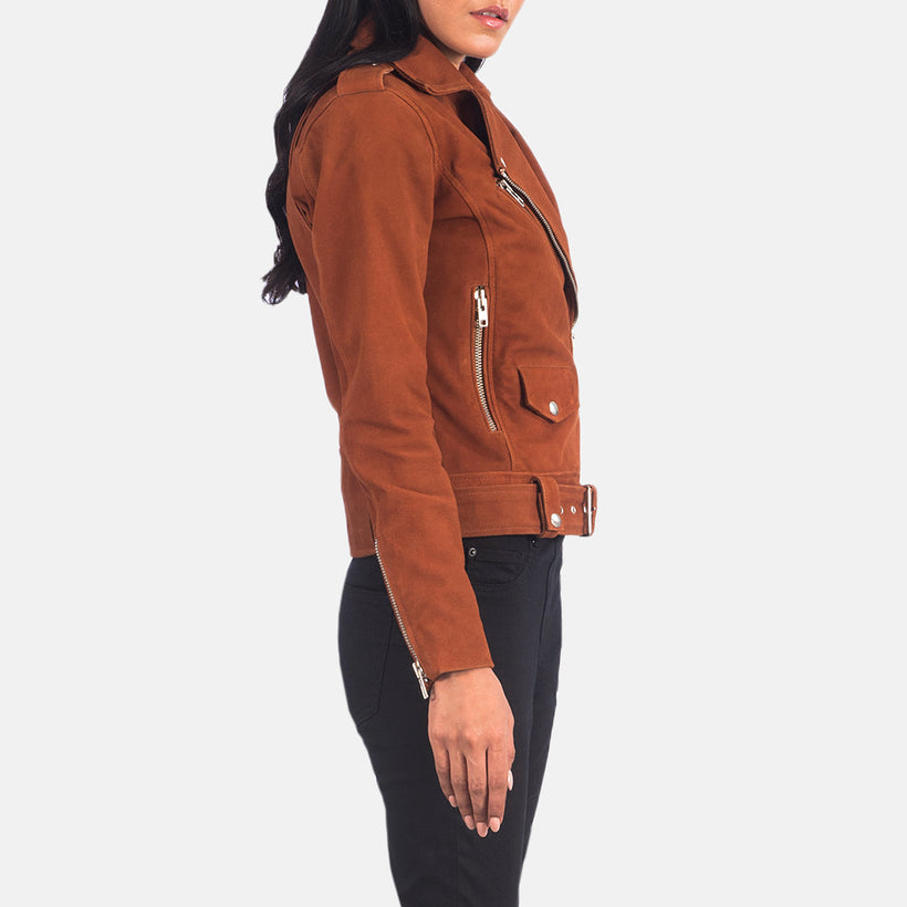Alison Ruskea Suede Nahkainen Biker-takki Naisille