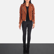 Women's Alison Ruskea Suede Nahkainen Biker-takki Naisille - Lateral Side Profile View Showing Sleeve Cut &amp; Athletic Taper Fit
