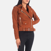 Close-Up Detail of Notch &amp; Zipper Hardware on Women's Alison Ruskea Suede Nahkainen Biker-takki Naisille
