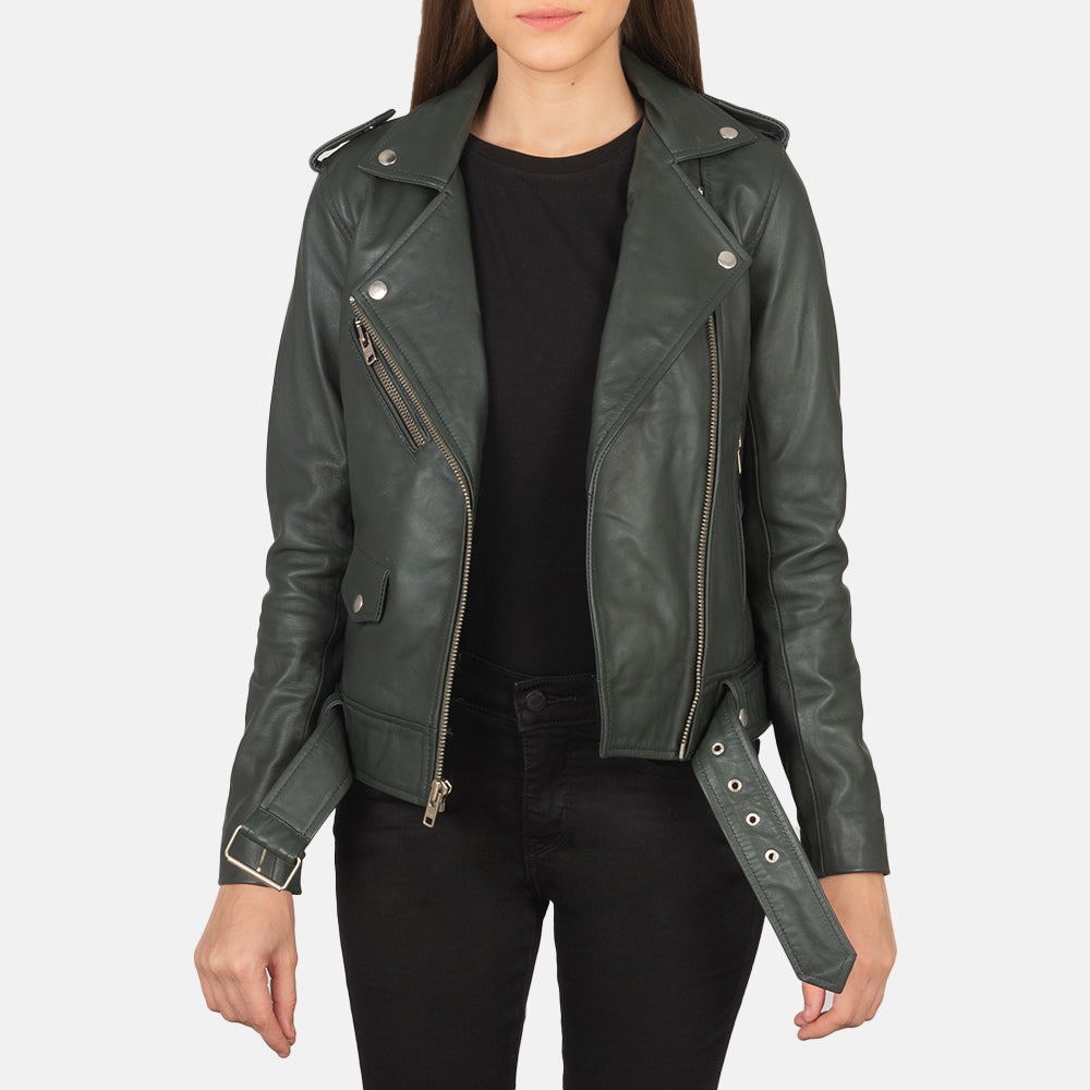 Women's Alison Green Nahkainen Biker-takki Naisille in Green Sheepskin Leather - Front Profile View &amp; Tailored Silhouette | Buy Online