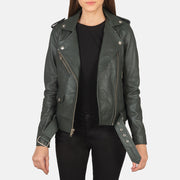 Women's Alison Green Nahkainen Biker-takki Naisille in Green Sheepskin Leather - Front Profile View &amp; Tailored Silhouette | Buy Online