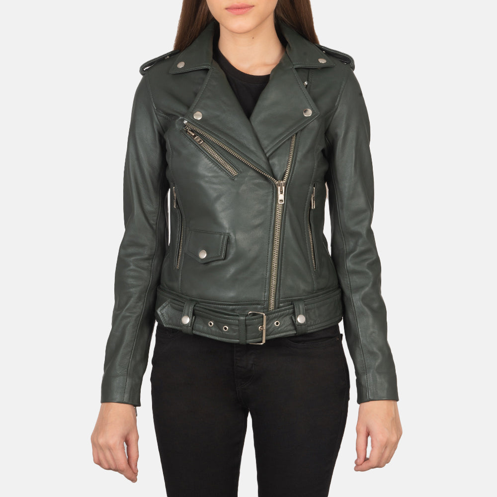 Close-Up Detail of Notch &amp; Zipper Hardware on Women's Alison Green Nahkainen Biker-takki Naisille