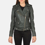 Close-Up Detail of Notch &amp; Zipper Hardware on Women's Alison Green Nahkainen Biker-takki Naisille